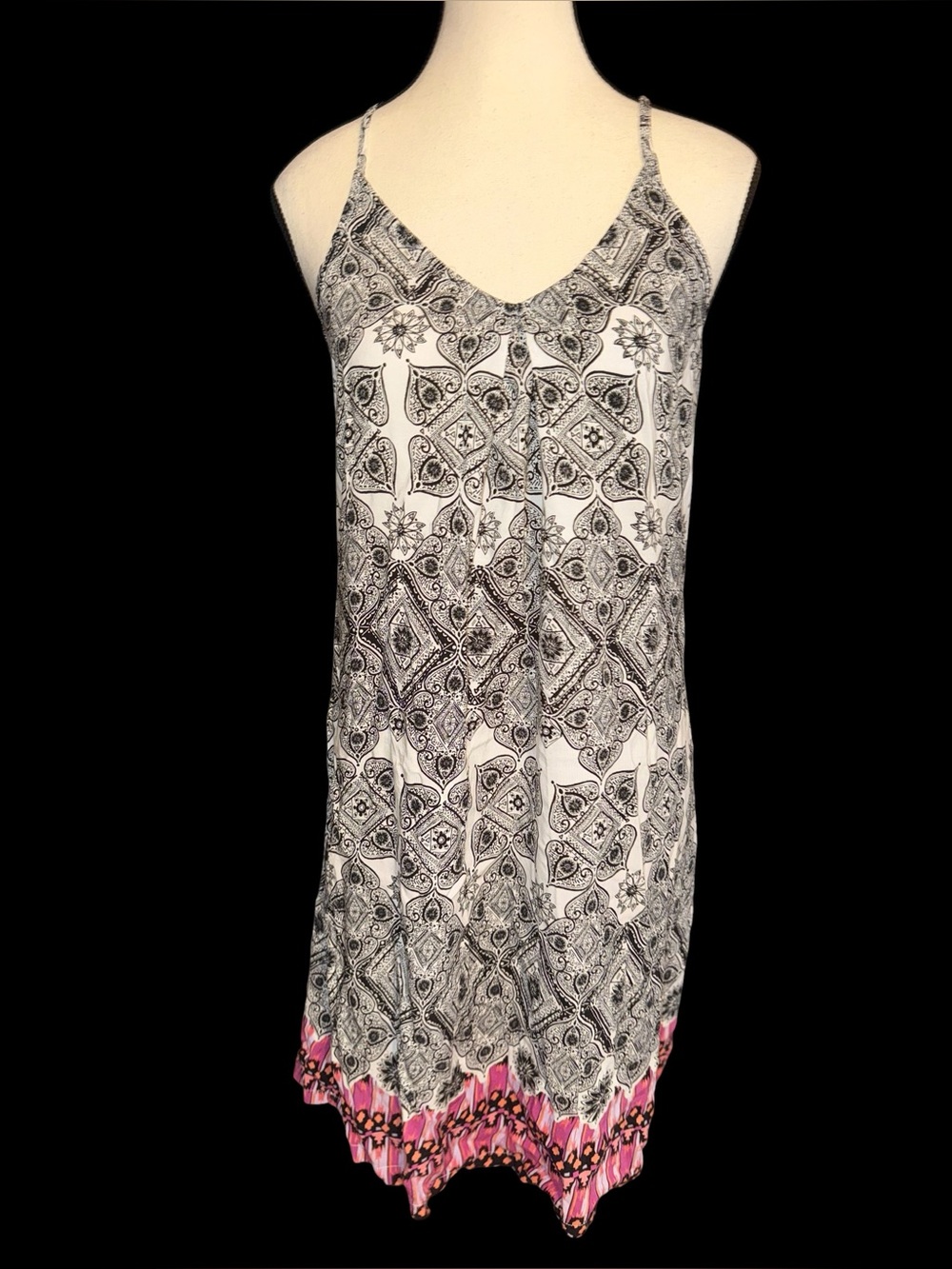 Michael Stars printed cami mini dress black white paisley boho pink orange hem